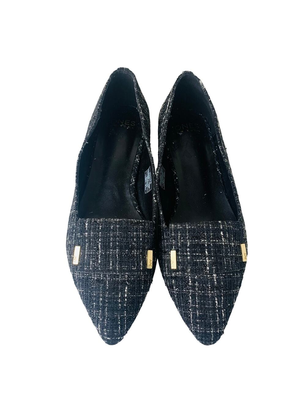 Jones New York Quesheen Tweed Pointed Toe Loafers Flats Black Gold Detail 9.5M